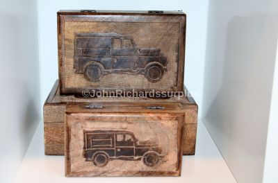 Set of 3 Wooden Storage Boxes with Land Rover Side View Design on lid 