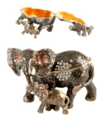 Crystal Elephant and Calf Metal Die Cast Trinket Box 14755