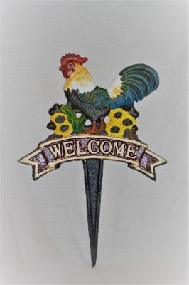 Cast Iron Ornate Rooster Welcome Sign With Ground Spike