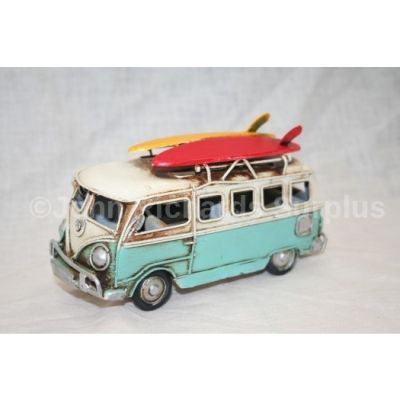 Volkswagen Tin Plate Camper Van Light Blue "Surfs Up" 