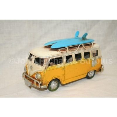 Volkswagen Tin Plate Camper Van Yellow "Surfs Up" 