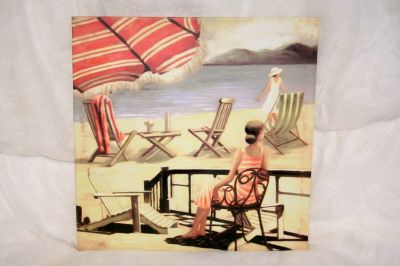 Wood Framed Canvas Print Beach Scene Lady Sitting By The Beach