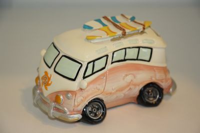 Caricature Campervan Money Box Piggy Bank Pink 5246