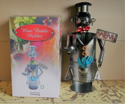 Metal Sculpture Wine Bottle Holder Chef with Menu Sign